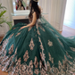 Emerald Green Quinceanera Dresses For 16 Girl V-Neck Off the Shoulder Gold Appliques Beads With Cape Princess Ball Gowns Birthda