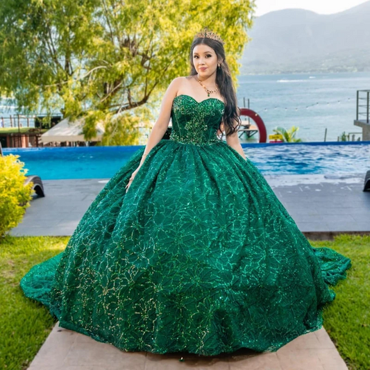 Emerald Green Shiny Sweetheart Quinceanera Dresses For Sweet 15 Year Sexy Off the Shoulder Puffy Ball Gown Lace Beads Princess