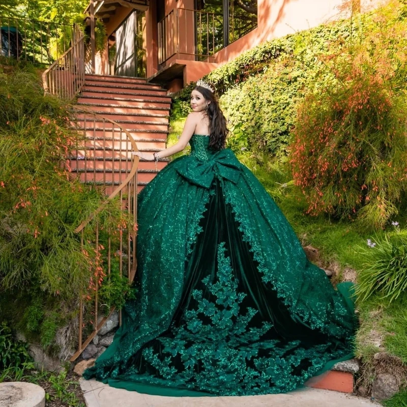 Emerald Green Shiny Sweetheart Quinceanera Dresses For Sweet 15 Year Sexy Off the Shoulder Puffy Ball Gown Lace Beads Princess