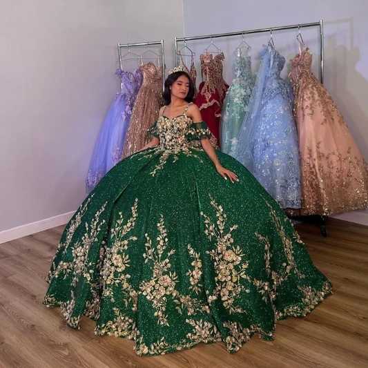 Green Shiny Spaghetti Strap Ball Gown Quinceanera Dresses Gold Lace Appliques Flowers Corset Back Formal Birthday Vestidos De 15