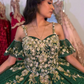 Green Shiny Spaghetti Strap Ball Gown Quinceanera Dresses Gold Lace Appliques Flowers Corset Back Formal Birthday Vestidos De 15