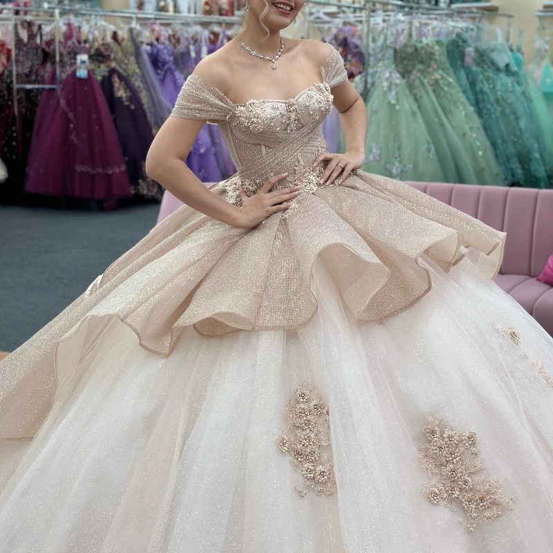 Ivory Glitter Crystal Ruffles Ball Gown Quinceanera Dresses Off The Shoulder Applique Beading Corset Vestido De 15 Anos