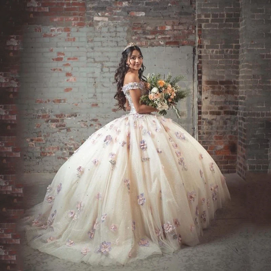 Ivory Ball gown Quinceanera Dresses Sweet 16 dress Off Shoulder Appliques 3D Flower15 Years Girls Prom Gowns