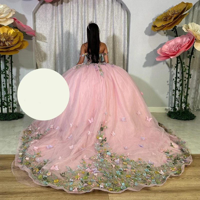 Pink Princess Lace Appliques Bow Beading Tull Off The Shoulder Quinceanera Dresses Girls Ball Gown Sweet Vestidos De 15 Años