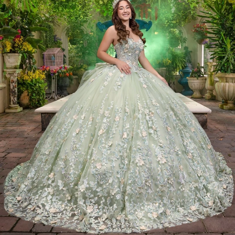 Sage Green Shiny Tulle Quinceanera Dresses Sweetheart Beads Applique Lace Ball Gown Sweet Sixteen Dress Gowns vestidos