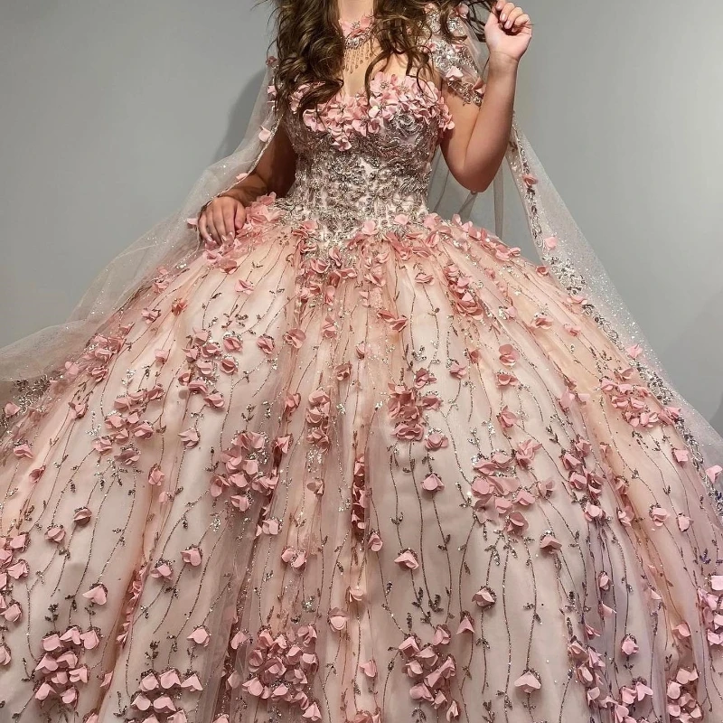 Luxury Pink Sweet 16 15 Dresses Quinceanera Gown 3D Floral Applique Crystal With Cape Ball Skirt Women Occasion Party Prom Dress