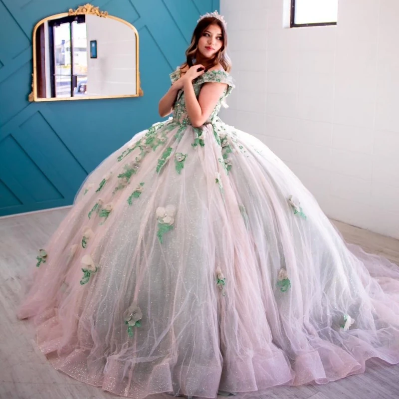 Sexy V-Neck Sweet 16 Quinceanera Dress Off Shoulder Appliquéd Flower Ball Gown Princess Party Birthday Dress Vestidos De