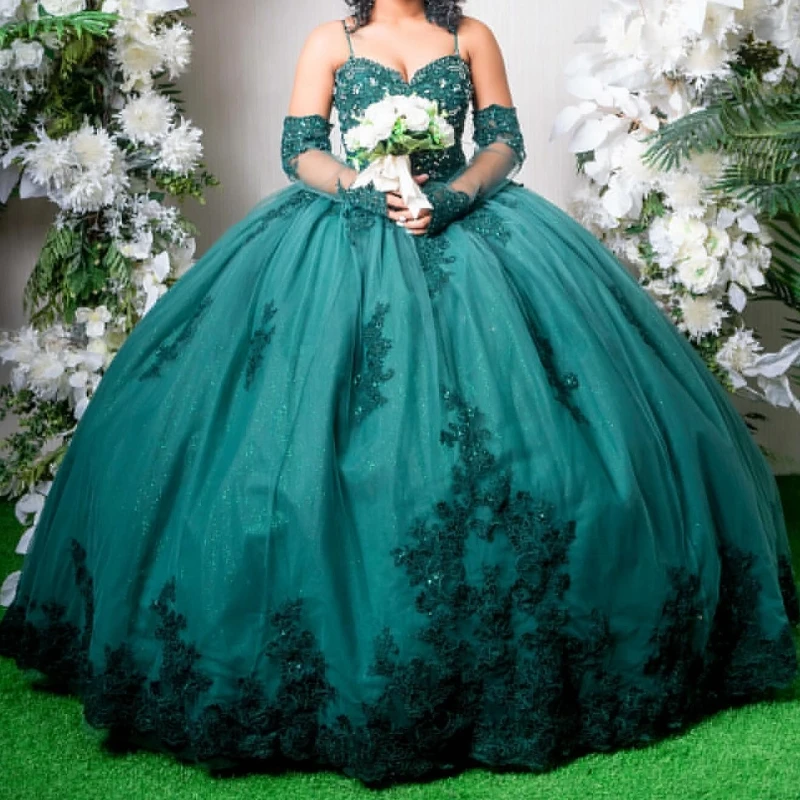 Green Shiny Quinceanera Dresses Applique Lace Beads With Cap Birthday Prom Dresses For Girl Lace-Up Princess Vestidos De 15Años