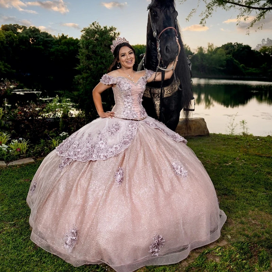 Pink Sweetheart Shiny Off the Shoulder Ball Gown Beaded Quinceanera Dress Princess Corset Dresses Appliques Flower Beads Vestido