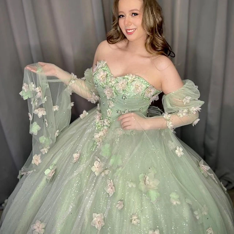 Sage Green Off-Shoulder Ball Gown Princess Quinceanera Dress Bead Appliques 3DFlower Glitter Tulle Vestidos De Birthday Party