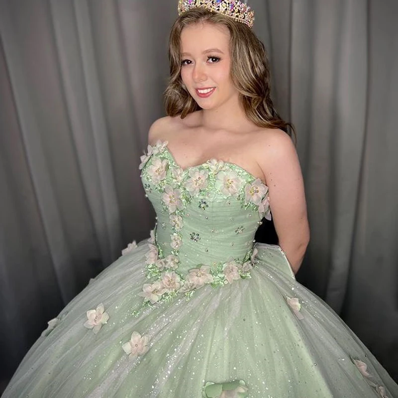 Sage Green Off-Shoulder Ball Gown Princess Quinceanera Dress Bead Appliques 3DFlower Glitter Tulle Vestidos De Birthday Party