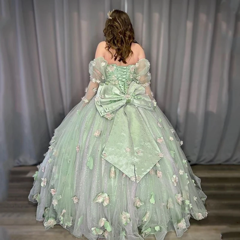 Sage Green Off-Shoulder Ball Gown Princess Quinceanera Dress Bead Appliques 3DFlower Glitter Tulle Vestidos De Birthday Party