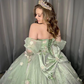 Sage Green Off-Shoulder Ball Gown Princess Quinceanera Dress Bead Appliques 3DFlower Glitter Tulle Vestidos De Birthday Party