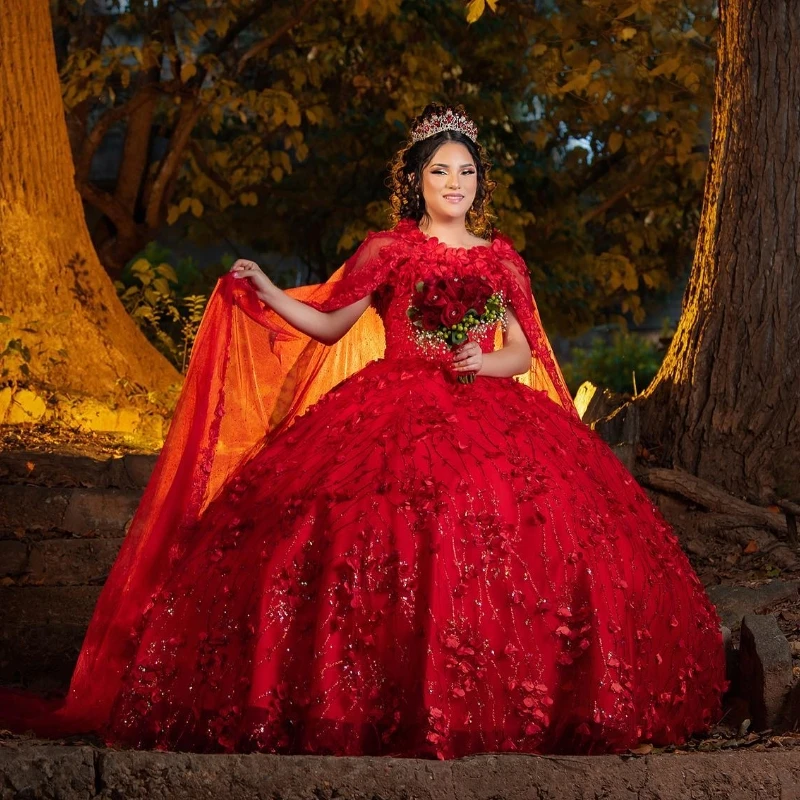 Red Shiny Off The Shoulder Quinceanera Dresses Ball Gown Appliques Lace Handmade Flowers Beads With Cape Sweet 15 Party Wear