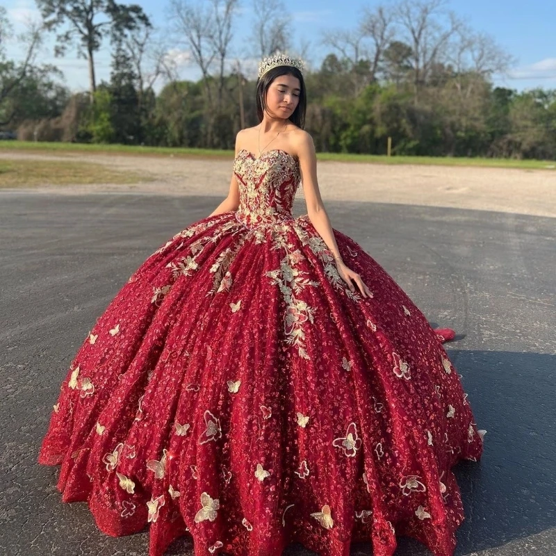 Red Sweetheart Ball Gown Quinceanera Dresses Gold Applique Bow Crystal Beading Off the Shoulder Ribbons Corset Vestido De 15Anos