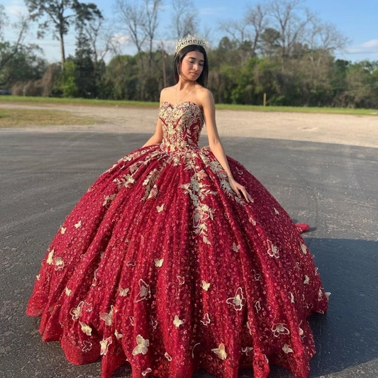 Red Sweetheart Ball Gown Quinceanera Dresses Gold Applique Bow Crystal Beading Off the Shoulder Ribbons Corset Vestido De 15Anos