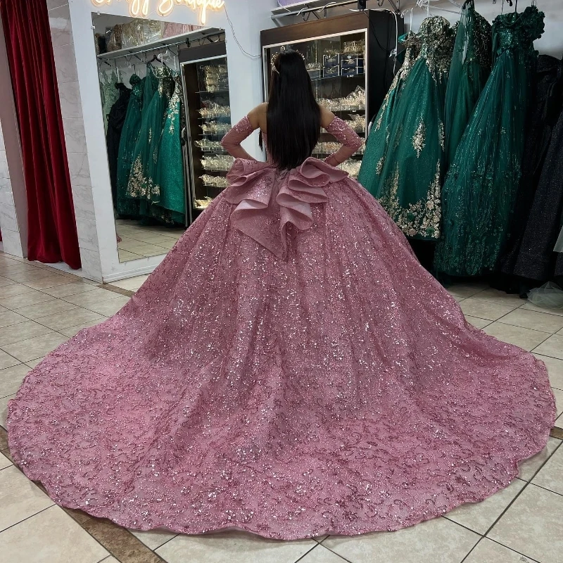 Pink Sparkly Off The Shoulder Quinceanera Dresses Ball Gown Lace Crystal Beading Tull Corset For Sweet 16 Girls vestidos de 15