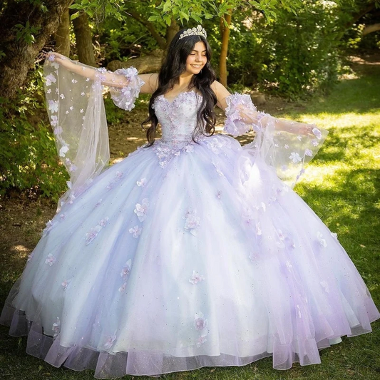 Sexy Sweetheart Quinceanera Dresses Ball Gown Off The Shoulder Long Sleeve Floral Appliques Lace Handmade Flowers Sweet 15 Party