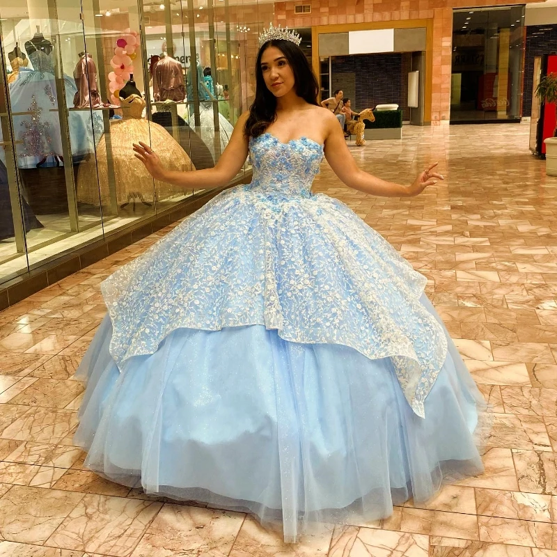 Sky Blue Quinceanera Dresses For Sweet 16 Princess Gown Applique Lace Beading Birthday Party Prom Dresses Vestido De 15Anos