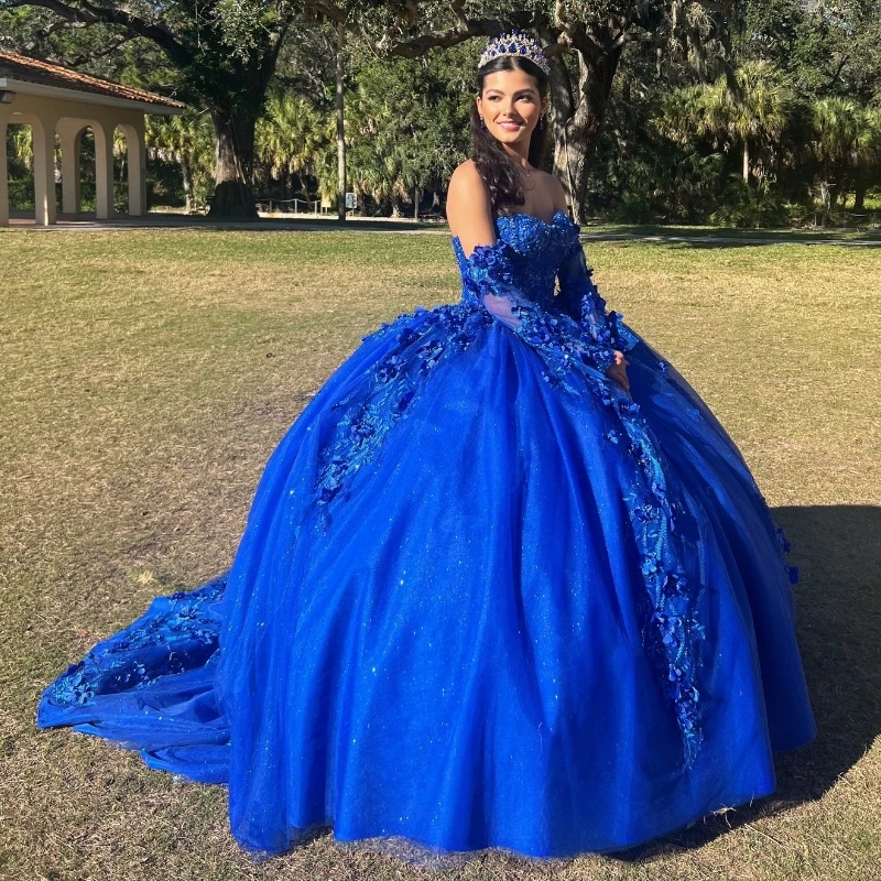 Blue Shiny Ball Gown Prom Dress Quinceanera Dress Sweetheart Beaded 3DFlowers Applique Lace Long Sleeved Formal Dresses vestidos