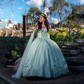 Green Shiny Off the Shoulder 3D Flower Lace Quinceanera Dress Ball Gown With Cape Crystal Sweet 15 Vestidos De XV Años