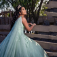 Green Shiny Off the Shoulder 3D Flower Lace Quinceanera Dress Ball Gown With Cape Crystal Sweet 15 Vestidos De XV Años