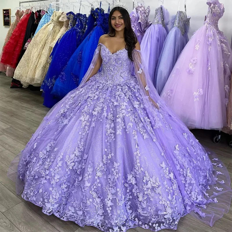 Lilac lavender Butterfly Quinceanera Dresses With Cape Lace Applique Sweet 16 Dress Mexican Prom Gowns 2024 Vestidos De XV Anos