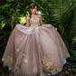 Sexy Off Shoulder Ball Gown Quinceanera Dress 2024 Tulle Gold Appliques Lace Sweet 15 16 Years Birthday Party Formal