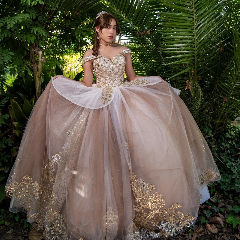 Sexy Off Shoulder Ball Gown Quinceanera Dress 2024 Tulle Gold Appliques Lace Sweet 15 16 Years Birthday Party Formal