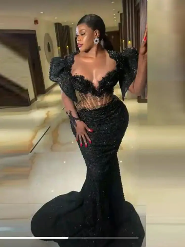 Black Lace Mermaid Prom Dresses Sexy See Through Long Sleeves Aso Ebi African Evening Gowns Women Formal Occasion Party Dress