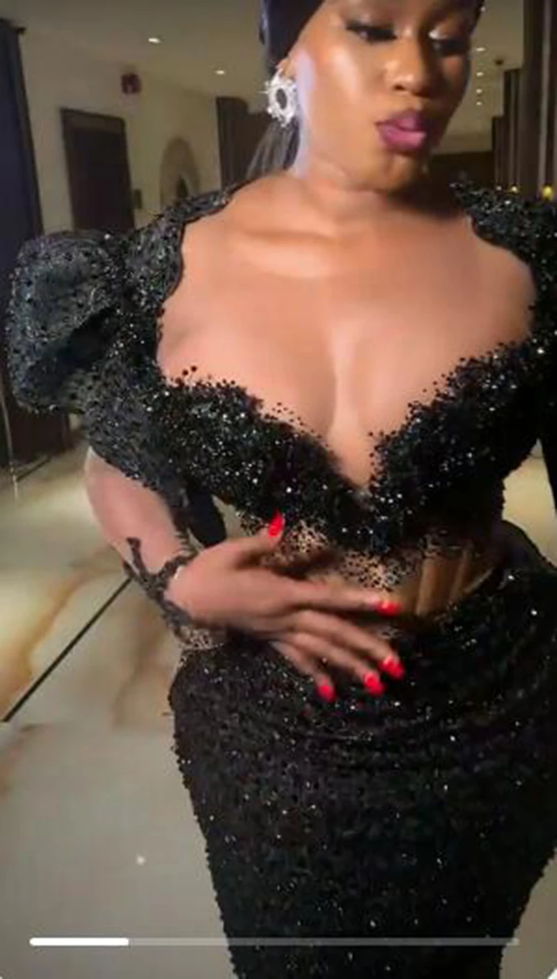 Black Lace Mermaid Prom Dresses Sexy See Through Long Sleeves Aso Ebi African Evening Gowns Women Formal Occasion Party Dress