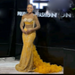 African Gold Lace Mermaid Prom Dresses Sheer Neck Tassel Sleeves Evening Gowns Ruffles Sweep Train Wedding Party Dress Vestidos