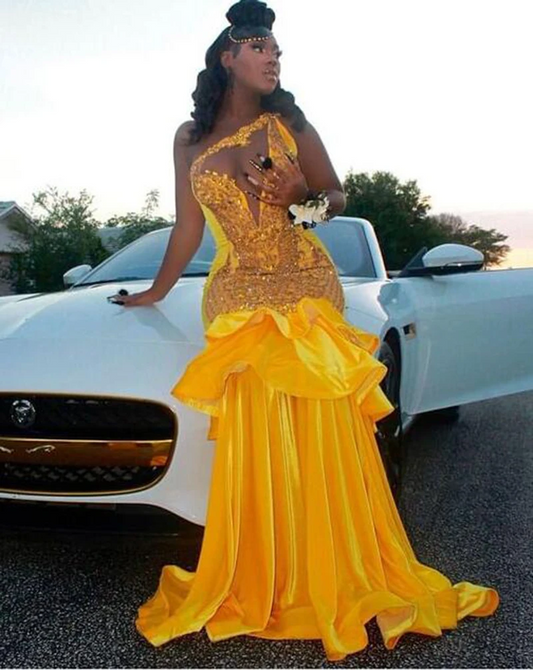 Yellow One Shoulder Prom Dresses Aso Ebi Mermaid Evening Gowns Black Girl Formal Occasion Party Dress Robe De Soiree