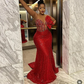 Couture Luxury Red Beaded Lace African Long Maxi Dresses Floral Beaded One Shoulder Mermaid Aso Ebi Formal Party Dress