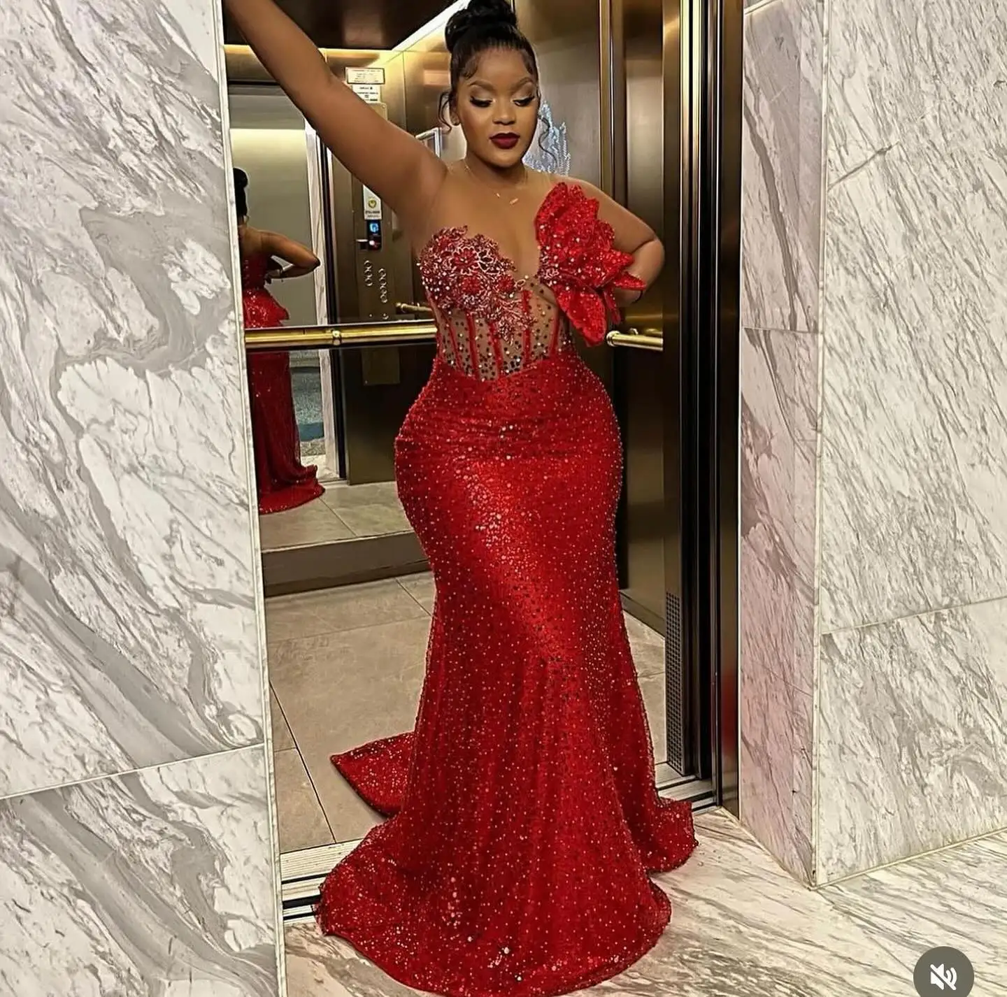 Couture Luxury Red Beaded Lace African Long Maxi Dresses Floral Beaded One Shoulder Mermaid Aso Ebi Formal Party Dress