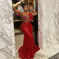 Couture Luxury Red Beaded Lace African Long Maxi Dresses Floral Beaded One Shoulder Mermaid Aso Ebi Formal Party Dress