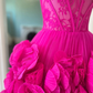 Real Image Fuchsia 3D Flower Women Dresses To Party Pretty Hot Pink Lace Floral A-line Short Maxi Dress