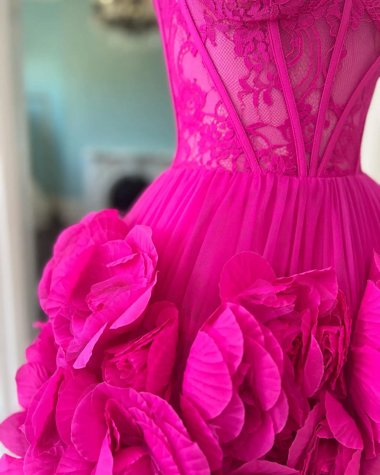 Real Image Fuchsia 3D Flower Women Dresses To Party Pretty Hot Pink Lace Floral A-line Short Maxi Dress