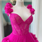 Real Image Fuchsia 3D Flower Women Dresses To Party Pretty Hot Pink Lace Floral A-line Short Maxi Dress