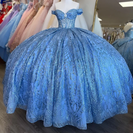 Sky Blue Glittering Quinceanera Dresses Lace Beading Off the Shoulder Formal Birthday Party Ball Gown Vestidos De 15 Anos Gowns