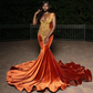 Gold Crystal Orange Velvet Prom Dresses For Black Girls Rhinestone Elegant Graduation Dress African Wedding Dresses