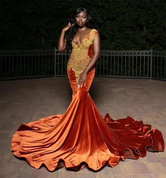 Gold Crystal Orange Velvet Prom Dresses For Black Girls Rhinestone Elegant Graduation Dress African Wedding Dresses