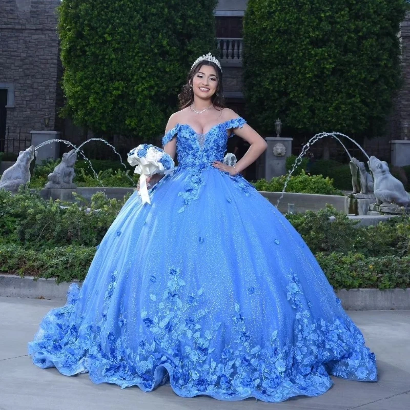 Sky Blue Shiny Quinceanera Dresses Princess Sweet 16 Years Girl Birthday Party Dresses Appliques Lace Beads With Cape Vestidos15