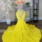 Sparkly Yellow Sequin Long Prom Dresses Black Girls 2024 Luxury Bead Diamond Mermaid Sheer Neck Formal Evening Party Gala Gowns