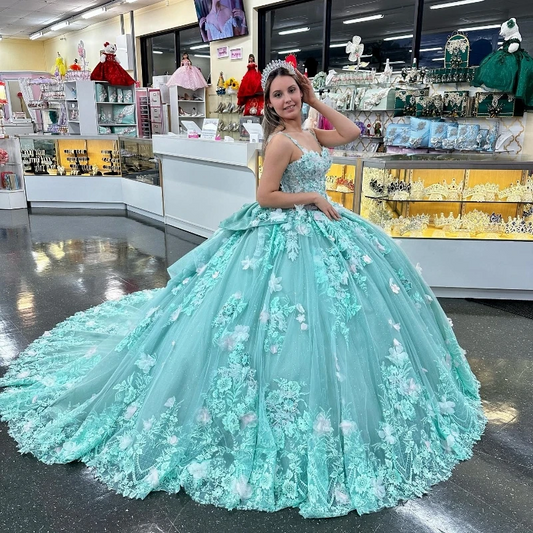 Light Green Shiny Sweetheart Ball Gown Quinceanera Dresses For Girls Beaded Birthday Party Gowns Lace Up Back Graduation 3D Flow