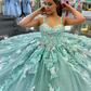 Light Green Shiny Sweetheart Ball Gown Quinceanera Dresses For Girls Beaded Birthday Party Gowns Lace Up Back Graduation 3D Flow