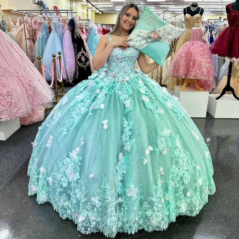 Light Green Shiny Sweetheart Ball Gown Quinceanera Dresses For Girls Beaded Birthday Party Gowns Lace Up Back Graduation 3D Flow