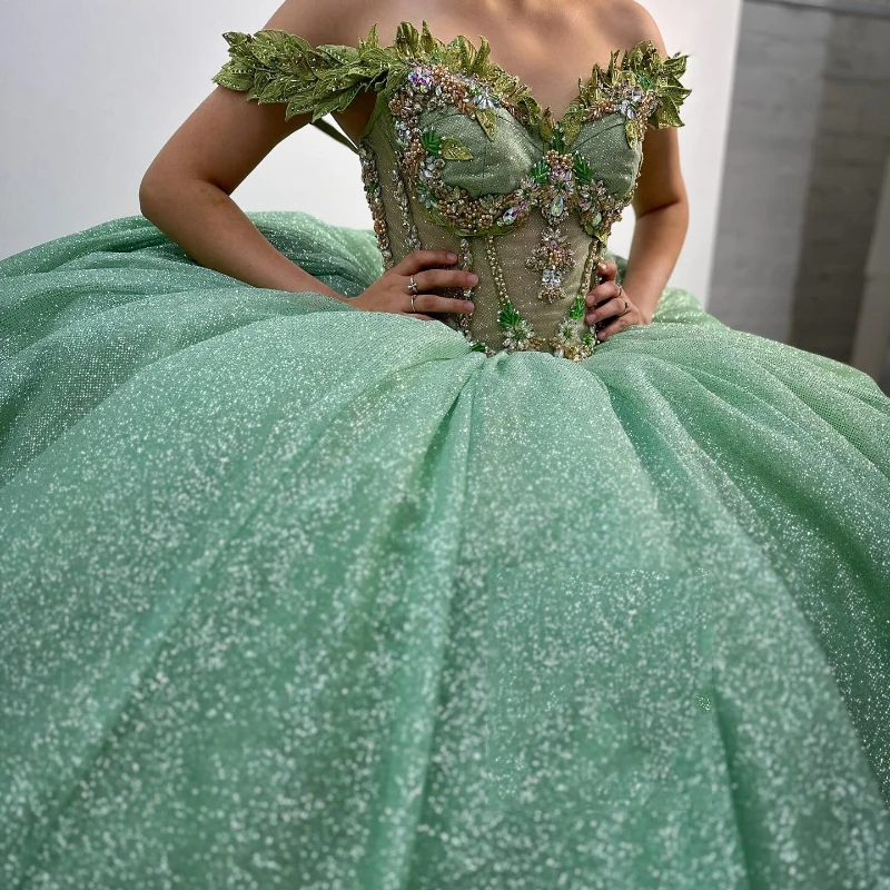 Sage Green Quinceanera Dresses Ball Gown Birthday Party Dress Applique Lace Beads Graduation Gown Sweetheart de 15 anos