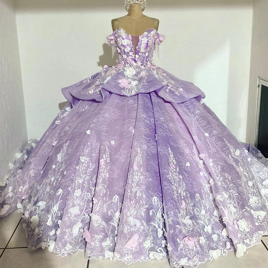 Luxury Quinceanera Dresses 3D Handmade Flowers Appliqued Beading Appliques Sweet 15 Prom Birthday Party Dress NEW
