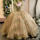 Sparkly Champagne Gold Ball Gown Quinceanera Dress 2024 Off The Shoulder Applique Bead Birthday Party Sweet Vestidos De 15 Años